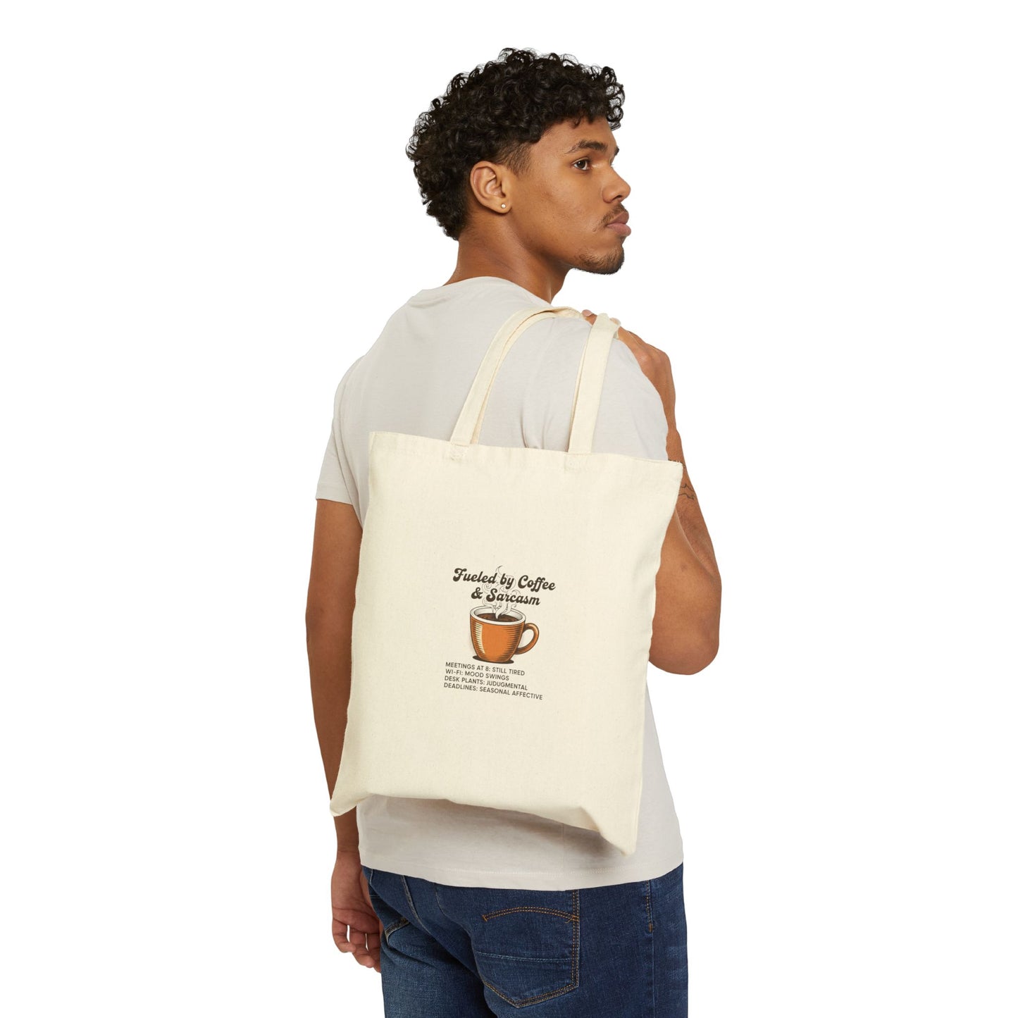 Fueled by Coffee & Sarcasm Tote | office meme, seasonal work stress merch